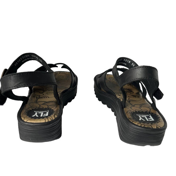 FLY LONDON EMITFLY WEDGE SANDALS IN BLACK LEATHER WOMEN SIZE EU39/US9 - Picture 7 of 10